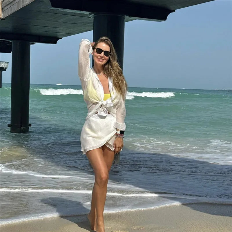 Summer Beach Two Piece Sets Women Long Sleeve Shirt And Mini Skirt Female See Through Loose 2 Piece Set Beachwear