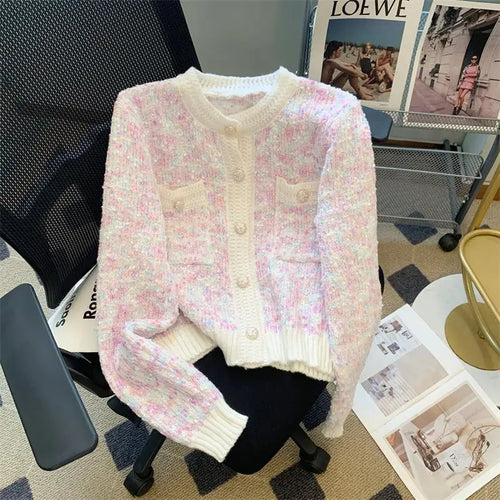 Load image into Gallery viewer, Autumn Winter Sweet Vintage Rainbow Knitted Cardigan Top French Fashion Women New Round Neck Single Breasted Long Sleeve Sweater
