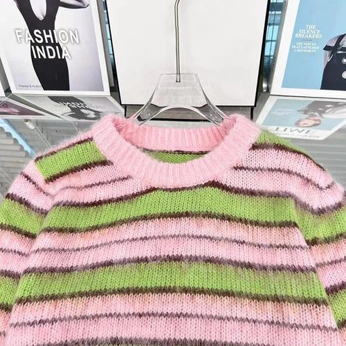 Load image into Gallery viewer, Colorblock Striped Loose Pullover Knitting Sweaters For Women Round Neck Long Sleeves Temperament Sweater Female
