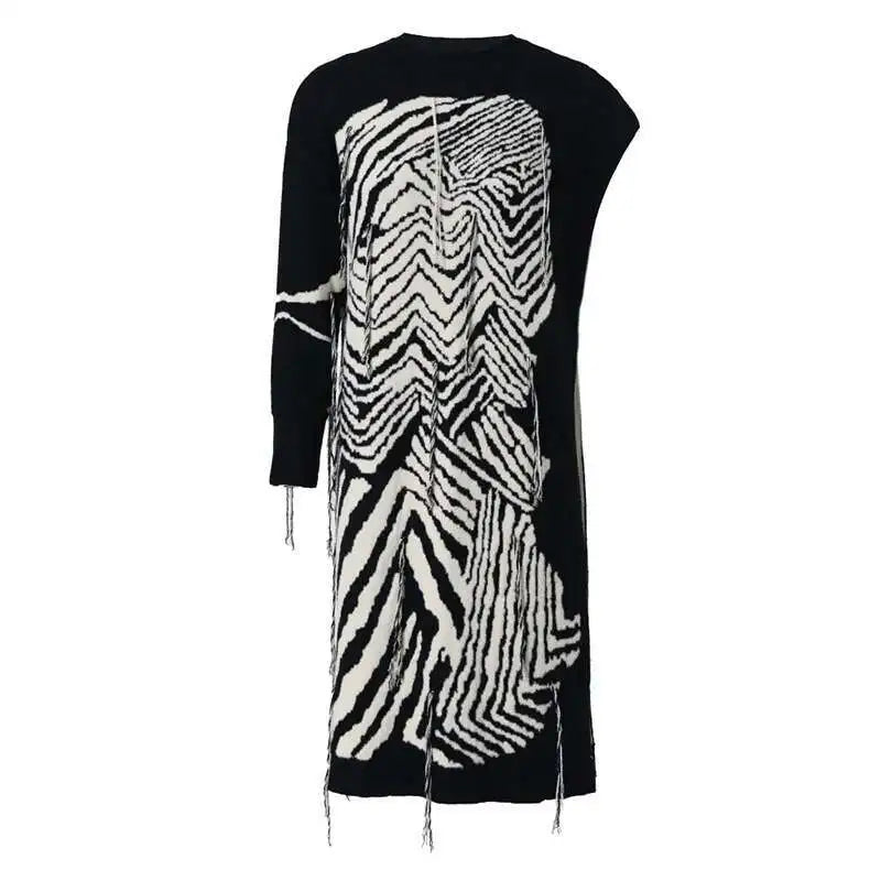 Women  Knitting Striped Tassels Big Size Dress New Round Neck Long Sleeve Loose Fit Fashion Tide Spring Autumn 2025 SG592