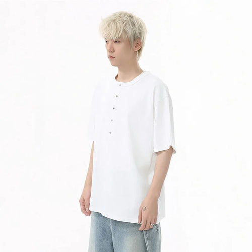 Load image into Gallery viewer, Men's Short Sleeve T-shirts New Summer Solid Color Casual Style Button Half Open Design Round Collar Loose Male Top 9W1600
