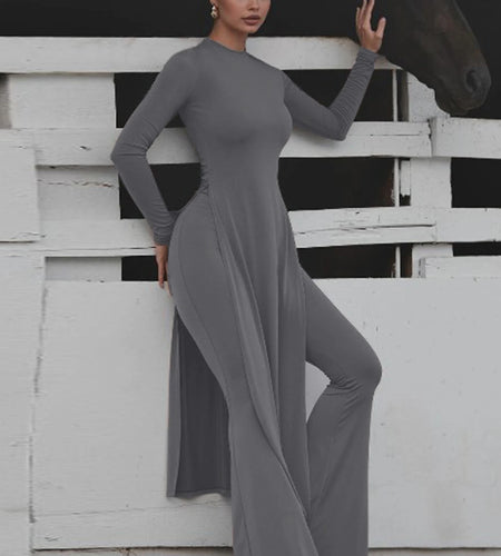 Winter Fashion 2 Pcs Sets Long Sleeve Sexy Slit Maxi Dress Flare Pants Women Y2K Outfits Streetwear Festival Party