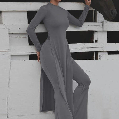 Load image into Gallery viewer, Winter Fashion 2 Pcs Sets Long Sleeve Sexy Slit Maxi Dress Flare Pants Women Y2K Outfits Streetwear Festival Party
