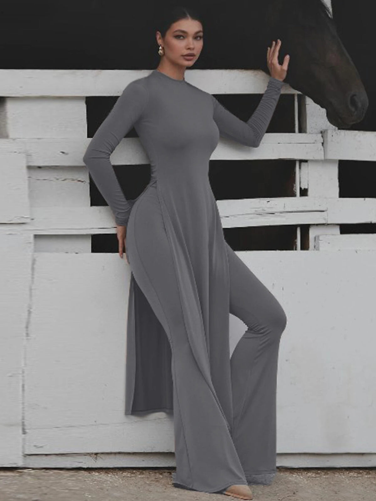 Winter Fashion 2 Pcs Sets Long Sleeve Sexy Slit Maxi Dress Flare Pants Women Y2K Outfits Streetwear Festival Party