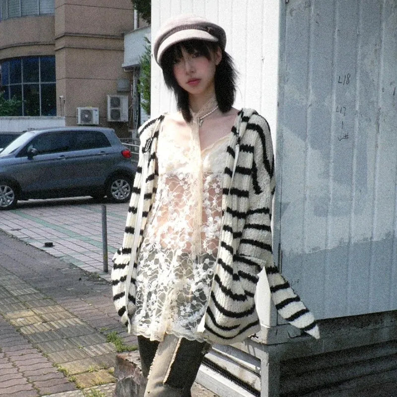 Japanese Y2k Hooded Cardigan Vintage 2000s Style Rabbit Ears Knitted Coat Harajuku Black Striped Knitwear Korean Popular