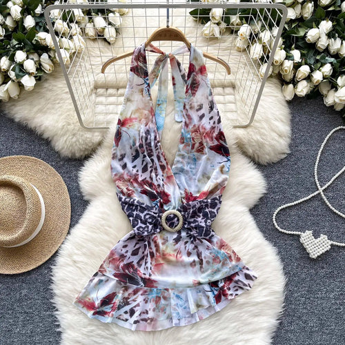 Load image into Gallery viewer, French Retro Summer Print Elegant Sexy Club V-neck Halter Lace-up Tops Women Backless Fashion Irregular Pleated Vest Clothes New
