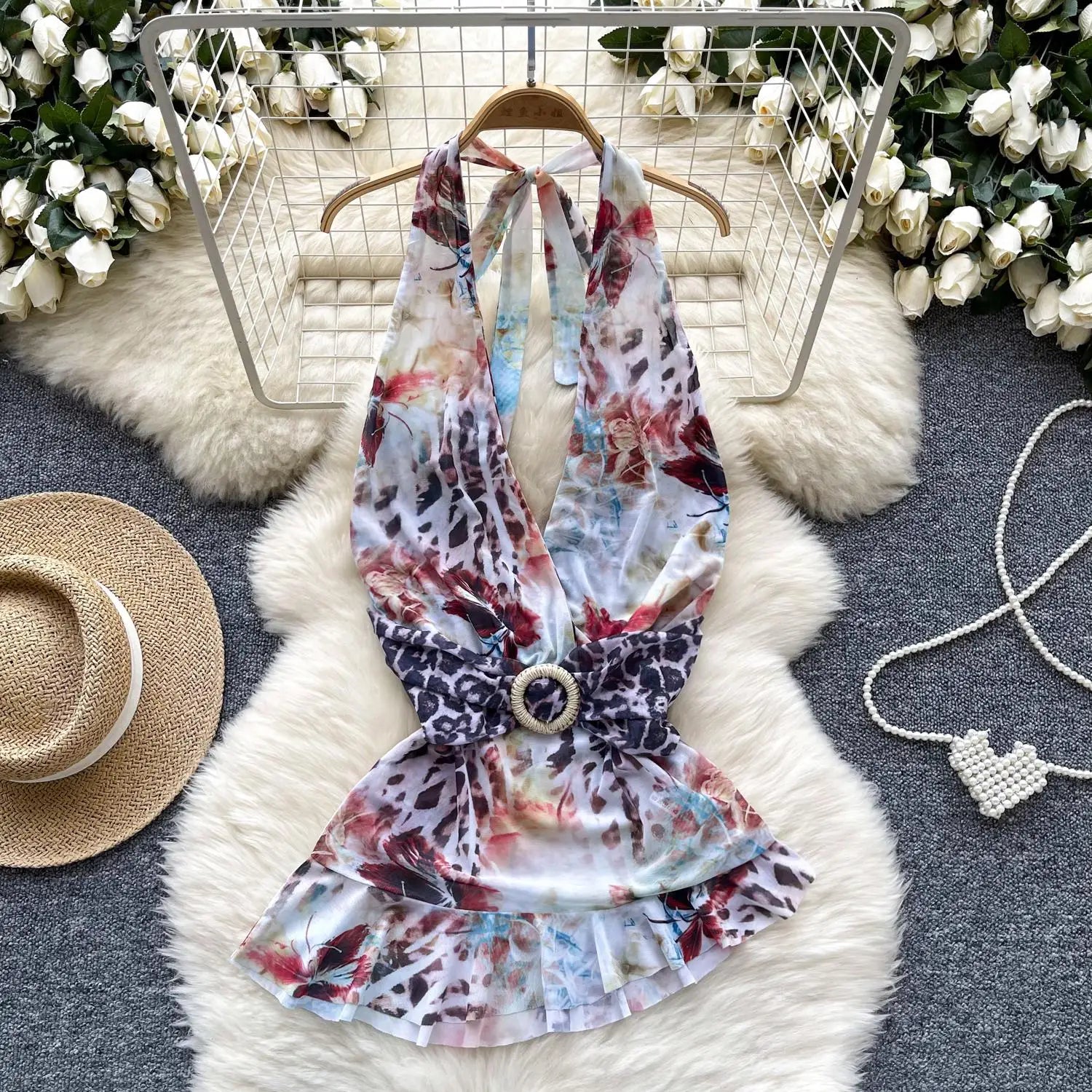 French Retro Summer Print Elegant Sexy Club V-neck Halter Lace-up Tops Women Backless Fashion Irregular Pleated Vest Clothes New