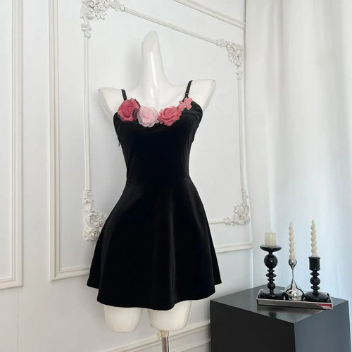 Load image into Gallery viewer, Vintage Black Velvet Flower Elegant Backless Short Dress For Women 2024 Spring Summer Sexy Club Holiday Slip Mini Dress Popular
