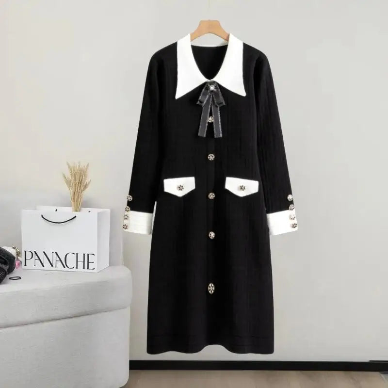 French Patchwork Long Sleeved Lapel Bow Dress Autumn Winter New Temperament Slim Button Knitted A-line Dress Women Chic Clothing