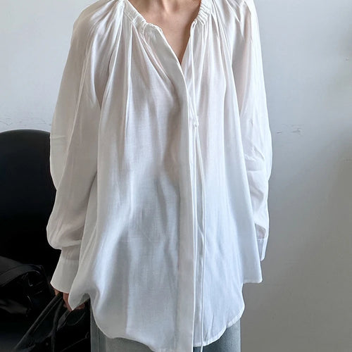 Load image into Gallery viewer, Women White Drawstring Thin Big Size Blouse New Round Neck Long Sleeve Shirt Fashion Tide Spring Autumn 2025 1DJ1398
