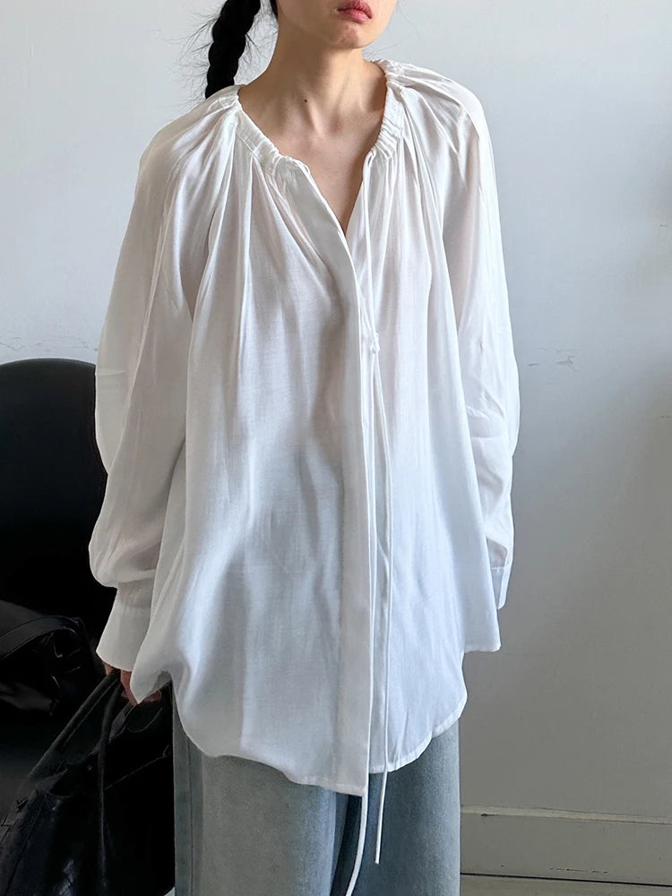 Women White Drawstring Thin Big Size Blouse New Round Neck Long Sleeve Shirt Fashion Tide Spring Autumn 2025 1DJ1398