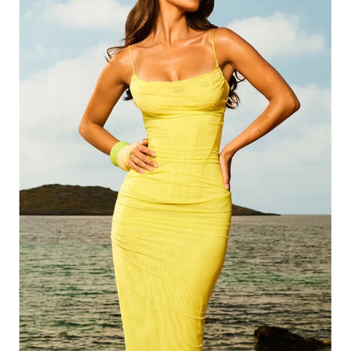 Load image into Gallery viewer, Elegant Spaghetti Strap Mesh Patchwork Double Layered Dress Women Bodycon Sexy  Zipper Party Club Evening Dress Holiday
