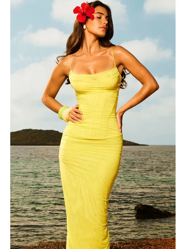 Elegant Spaghetti Strap Mesh Patchwork Double Layered Dress Women Bodycon Sexy  Zipper Party Club Evening Dress Holiday