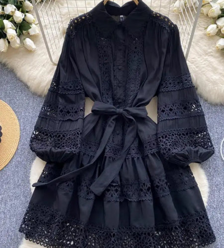 Summer French Black Embroidery Hollow Out Bandage Mini Dress Women White Elegant Single Breasted Lantern Sleeve Party Slim Dress