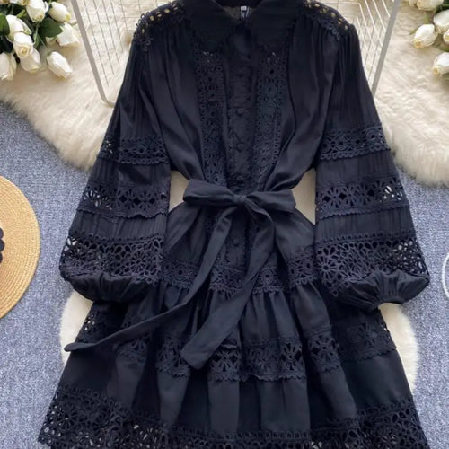 Load image into Gallery viewer, Summer French Black Embroidery Hollow Out Bandage Mini Dress Women White Elegant Single Breasted Lantern Sleeve Party Slim Dress
