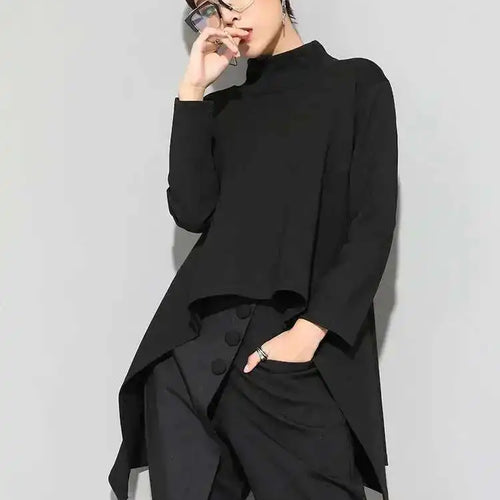 Load image into Gallery viewer, Women Black Irregular Hem Back Long Casual T-shirt New Turtleneck Long Sleeve Fashion Tide Spring Autumn 2025 1DF4653
