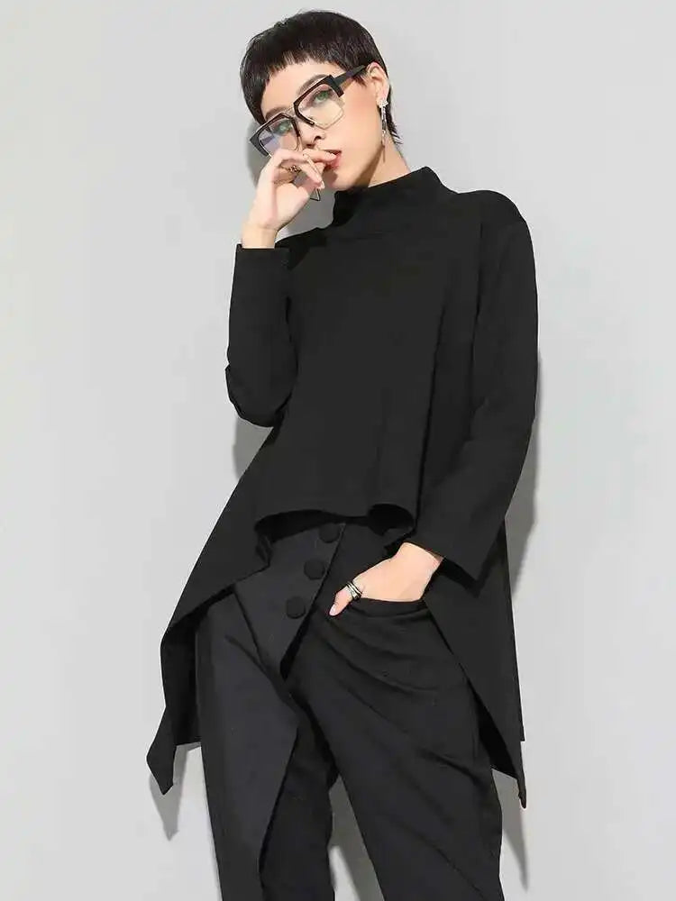 Women Black Irregular Hem Back Long Casual T-shirt New Turtleneck Long Sleeve Fashion Tide Spring Autumn 2025 1DF4653