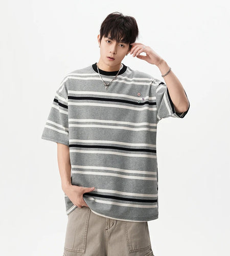 Striped Men's Short Sleeve T-shirts New Summer Contrast Color Button Design Casual Pullover Male Clothing 2025 9W1669