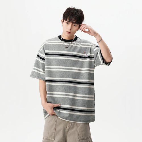 Load image into Gallery viewer, Striped Men&#39;s Short Sleeve T-shirts New Summer Contrast Color Button Design Casual Pullover Male Clothing 2025 9W1669
