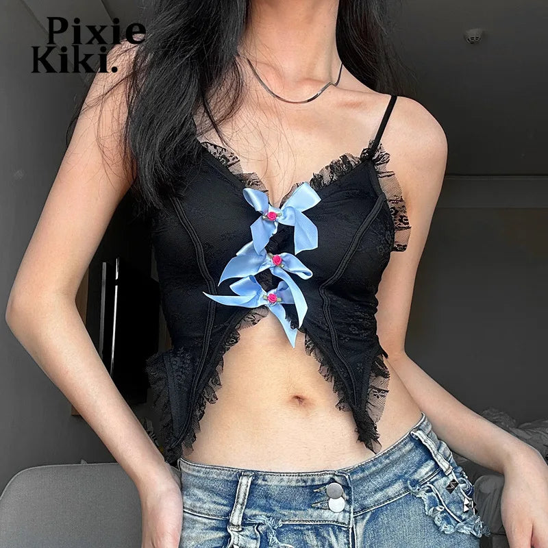 2000s Y2k Tank Tops Women Summer Lace Trim Bows V Neck Backless Camisole Cute Sexy Black Crop Top P33-CC10