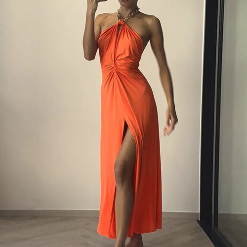 Load image into Gallery viewer, Metal Chain Halter Backless Sexy Maxi Dress Women Orange Off-shoulder Sleeveless Thigh High Split Club Long Dress
