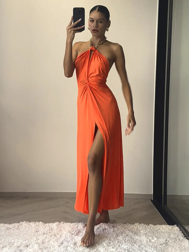 Metal Chain Halter Backless Sexy Maxi Dress Women Orange Off-shoulder Sleeveless Thigh High Split Club Long Dress