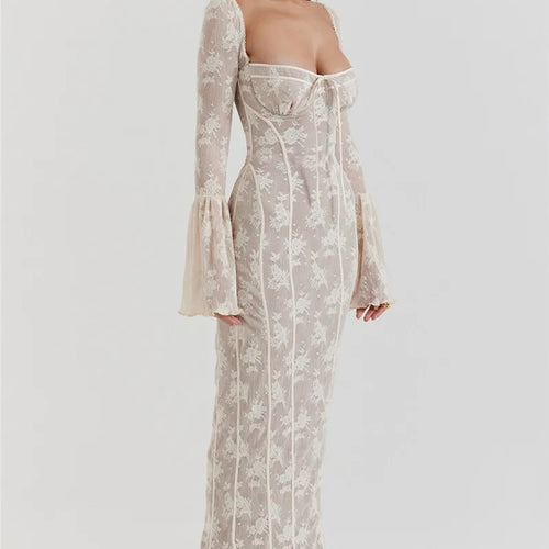 Load image into Gallery viewer, Lace Print Long Flare Sleeve Sexy Maxi Dress For Women Fashion Square Collar Backless Bodycon Club Party Sexy Dress
