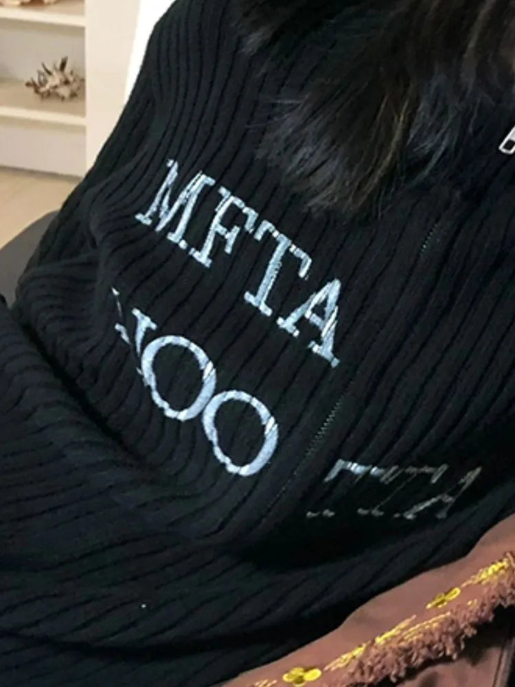 Y2k Aesthetic Letter Jacquard Knitted Cardigan Women Vintage Double Zippers Jacket Harajuku Loose Sweater Coat Grunge Streetwear