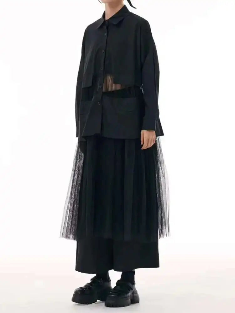 Women Black Mesh Perspective Big Size Midi Shirt Dress New Lapel Long Sleeve Fashion Tide Spring Autumn 2025 1DJ0140