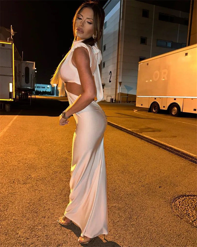 Hollow Out Turtleneck Sexy Maxi Dress For Women Fashion Solid Sleeveless Bodycon Tank Dresses Femme Club Party Dress