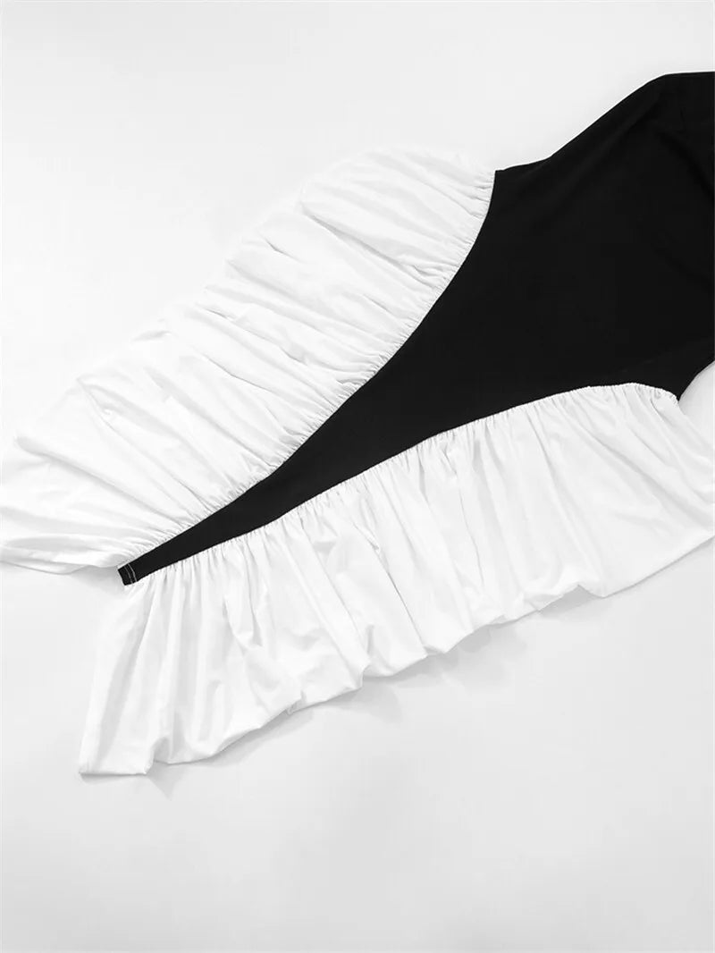 Patchwork Halter Backless Sexy Midi Dress Women Gown Elegant Fashion Contrast Color Sleeveless Pleated Long Dress