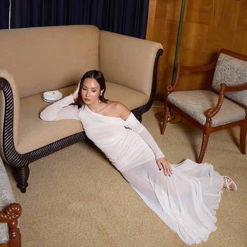 Load image into Gallery viewer, Oblique Shoulder Long Sleeve Sexy Maxi Dress For Women Fashion Mesh Backless Bodycon Ruched Club Evening Long Dress
