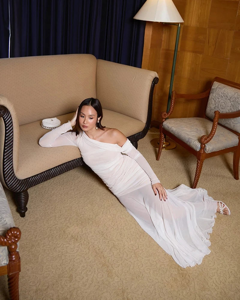 Oblique Shoulder Long Sleeve Sexy Maxi Dress For Women Fashion Mesh Backless Bodycon Ruched Club Evening Long Dress