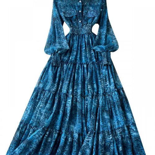 Load image into Gallery viewer, Retro 2024 Autumn Women Print Elegant Lantern Sleeves Long Dress High Waist Single Breasted Evening Party Pleated Shirt Dresses
