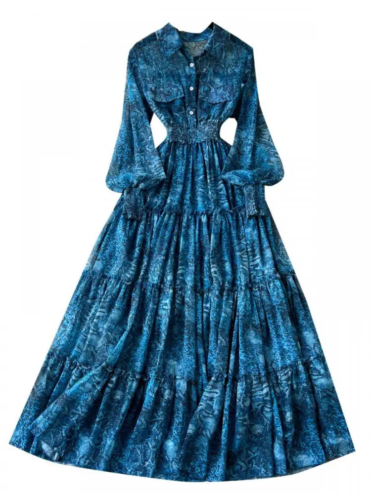 Retro 2024 Autumn Women Print Elegant Lantern Sleeves Long Dress High Waist Single Breasted Evening Party Pleated Shirt Dresses