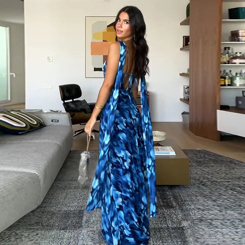 Load image into Gallery viewer, Halter Backless Print Sexy Maxi Dress For Women Gown Elegant Blue Printed Lace-up Sleeveless Evening Long Dress
