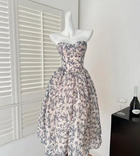 French Retro Blue Flower Backless Vacation Strapless Long Dress Summer Sexy High Waist Elegant Sleeveless Party Evening Dresses