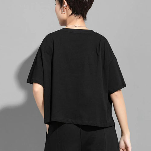 Load image into Gallery viewer, Women Black Button Pleated Irregular Big Size T-shirt New Round Neck Short Sleeve Fashion Tide Spring Summer 2025 1DJ1752
