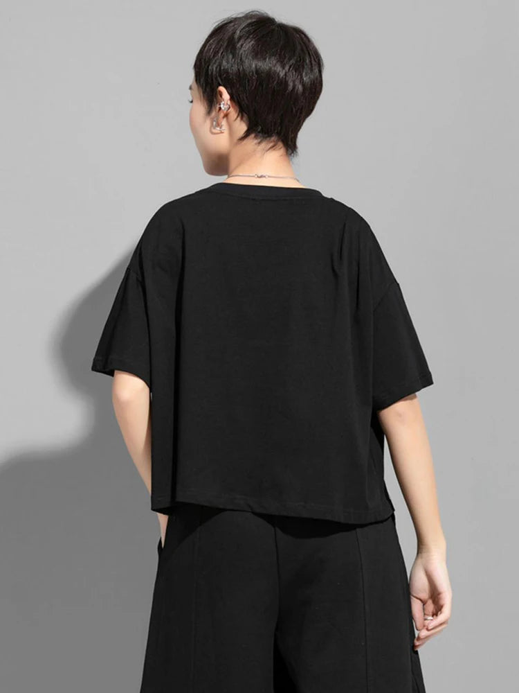 Women Black Button Pleated Irregular Big Size T-shirt New Round Neck Short Sleeve Fashion Tide Spring Summer 2025 1DJ1752
