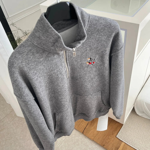 Load image into Gallery viewer, Korean Grey Dog Embroidery Half Zipper Stand Collar Sweatshirt Women 2024 Autumn Winter Beige Loose Pullover Long Sleeved Tops
