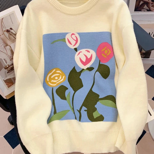 Load image into Gallery viewer, Soft Sweet Beige Sweater Women Winter Japanese Style Vintage Loose Pullover Florals Knitwear Female Sweaters Warm
