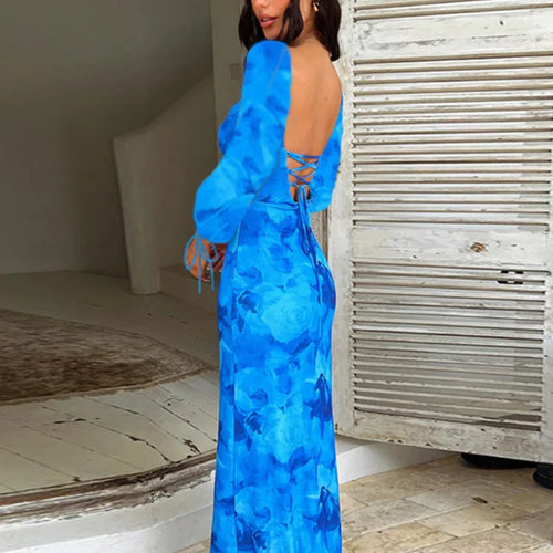 Load image into Gallery viewer, Blue Floral Print Sexy Maxi Dress For Women Gown Autumn New Square Collar Long Sleeve Lace-up Sexy Long Dress Elegant
