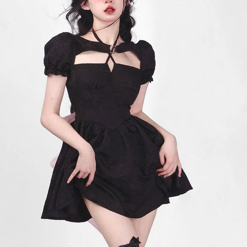 Load image into Gallery viewer, Y2k Gothic Harajuku Bandage Dress Women Sweet Girl Goth Kawaii Cute Lolita Puff Sleeve Black Short Dresses
