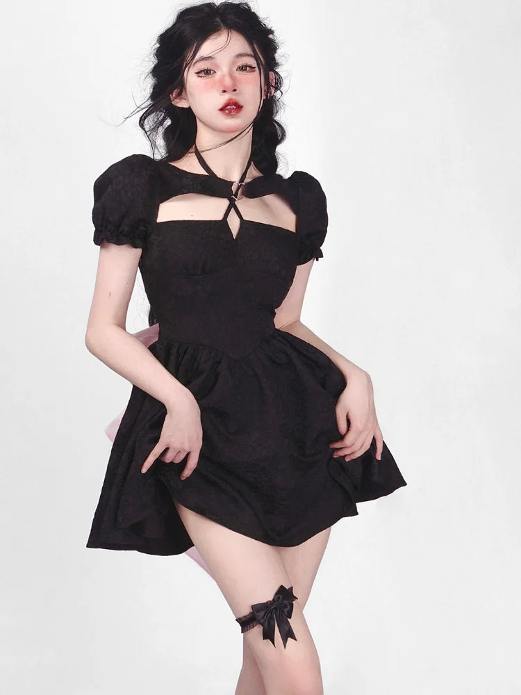 Y2k Gothic Harajuku Bandage Dress Women Sweet Girl Goth Kawaii Cute Lolita Puff Sleeve Black Short Dresses