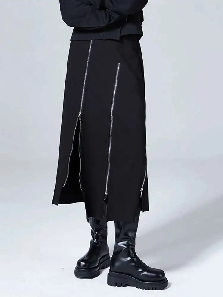 High Waist Black Zipper Irregular Design Long Casual Half-body Skirt Women Fashion Tide New Spring Autumn 2025 1DF0628