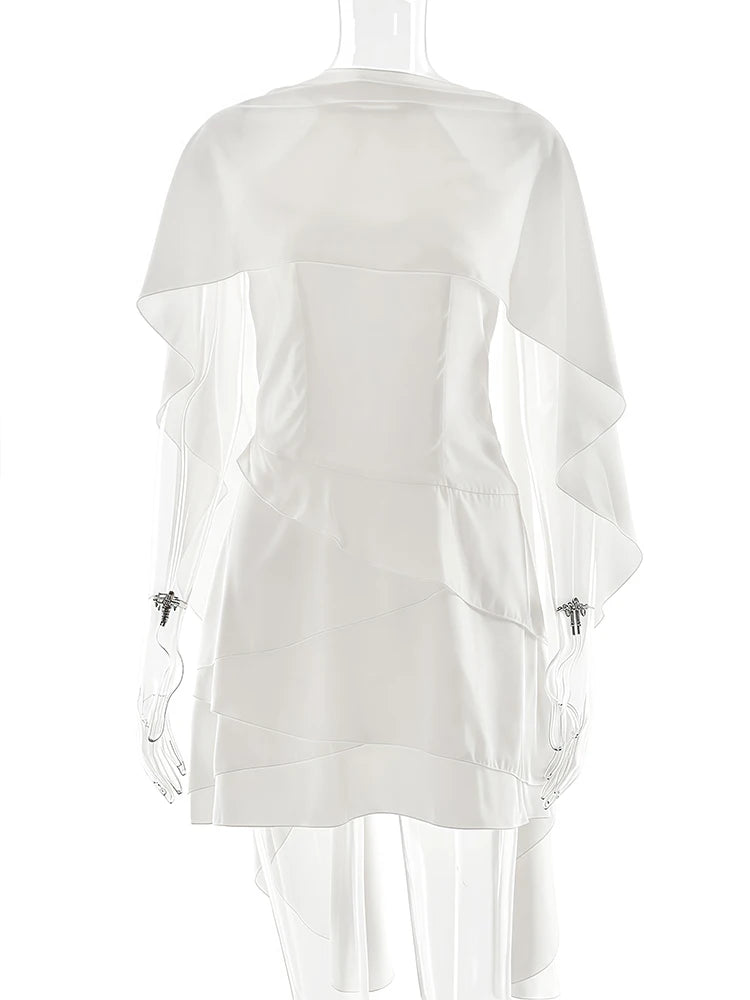 Irregular Shawl Satin Mini Dress Women White Ruffled Sleeveless Backless Lace Up A-Line Dresses Lady Evening Party Robes