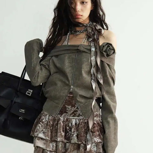 Load image into Gallery viewer, Women Apricot Silver Velvet Elegant Ruffles Mini Dress New Round Neck Sleeveless Fashion Tide Spring Autumn 20251DH8264
