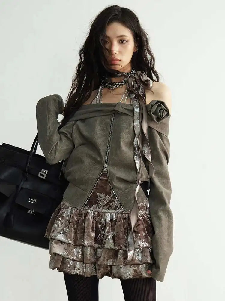 Women Apricot Silver Velvet Elegant Ruffles Mini Dress New Round Neck Sleeveless Fashion Tide Spring Autumn 20251DH8264