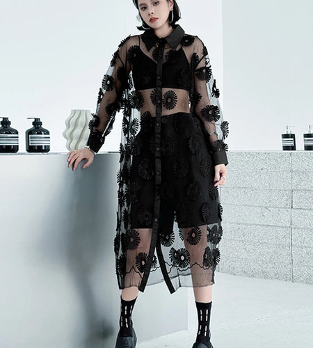 Women Black Mesh Embroidery Perspective Big Size Shirt Dress New Lapel Long Sleeve Fashion Spring Summer 2025 1DJ1154