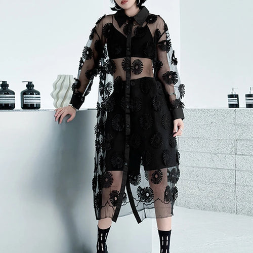 Load image into Gallery viewer, Women Black Mesh Embroidery Perspective Big Size Shirt Dress New Lapel Long Sleeve Fashion Spring Summer 2025 1DJ1154
